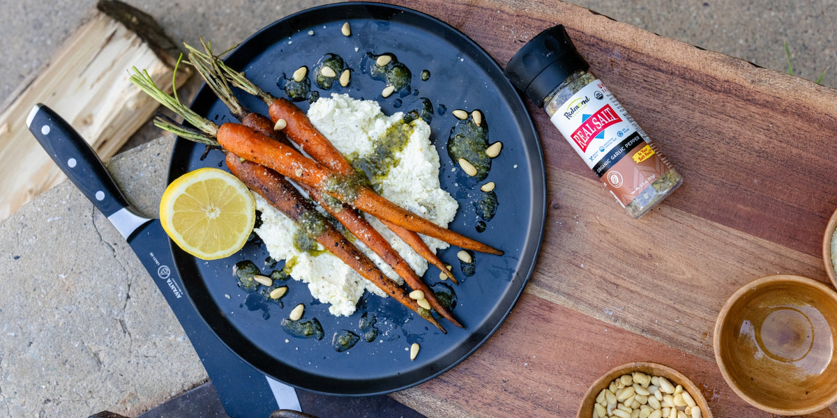 Grilled Carrots With Seasoned Ricotta Cheese and Pesto