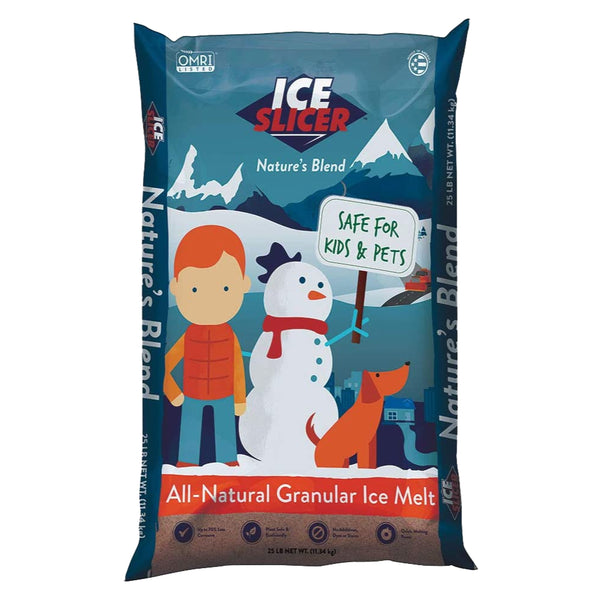 A 25lb bag of Ice Slicer Nature's Blend ice melt, featuring a child in winter clothes, a snowman, and a dog against a snowy backdrop.
