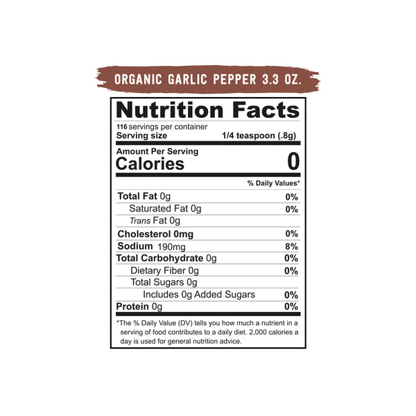 Nutrition Facts label displaying the nutritional content of organic garlic pepper per serving.