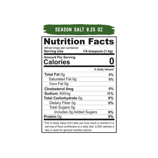 Nutrition Facts label for an 8.25 oz container of season salt.