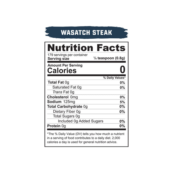 Nutrition Facts label for Wasatch Steak seasoning.