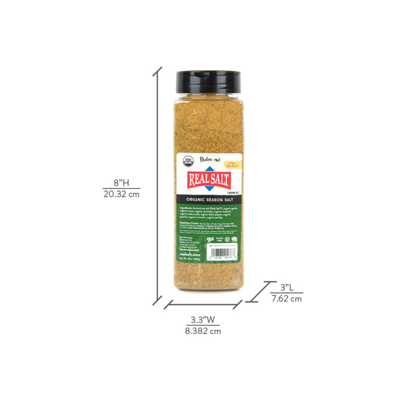 Tall plastic bottle of Redmond Real Salt Organic Season Salt against a white background. It lists the dimensions as 8 inches by 3.3 inches, by 3 inches.
