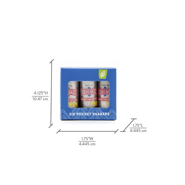 Blue box displays three Real Salt pocket shakers of ancient fine sea salt.