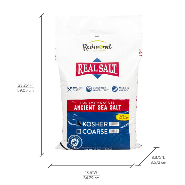 Redmond Real Salt brand ancient sea salt in a large 25-pound bag. The salt is kosher, coarse-grained, and mined in America.