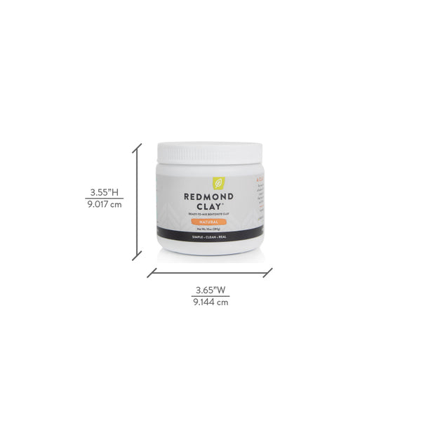 White jar of Redmond Clay with dimensions labeled, showcasing the product packaging.