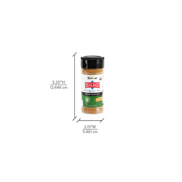 A shaker of Redmond Real Salt Organic Season Salt sits against a white background.