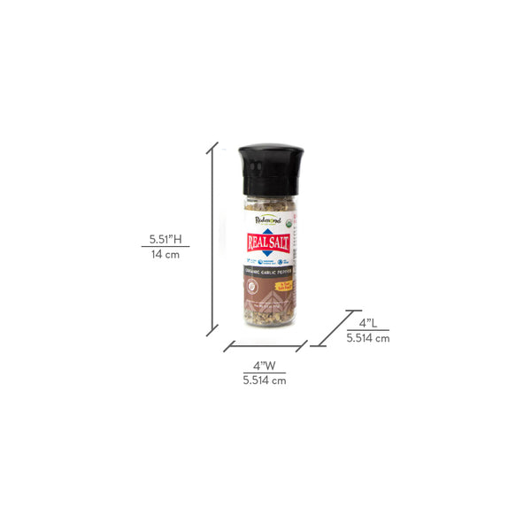 Redmond Real Salt Organic Garlic Pepper Seasoning in a grinder bottle.