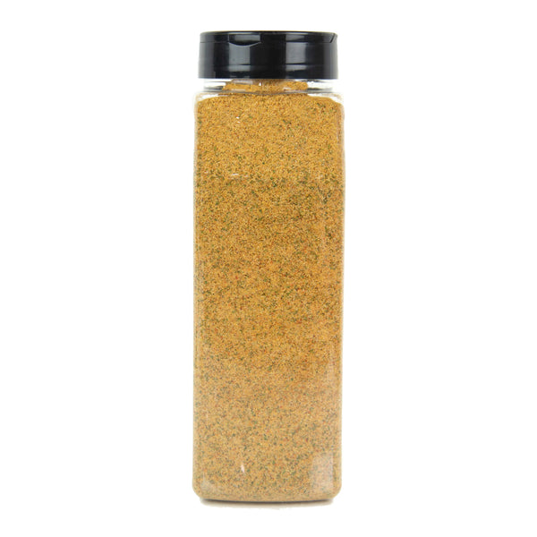 A tall, clear plastic spice jar filled with a Redmond Real Salt brand Organic Garlic Pepper.