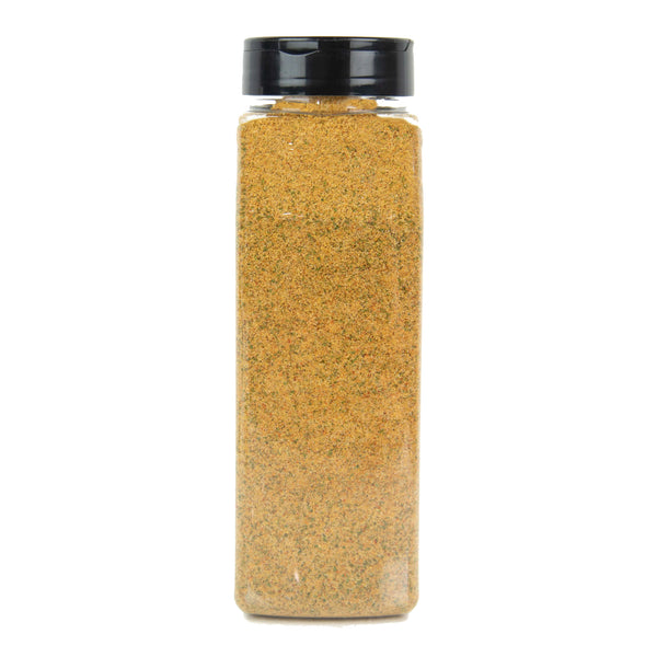 Clear plastic bottle filled with Redmond Real Salt brand Organic Garlic Pepper.