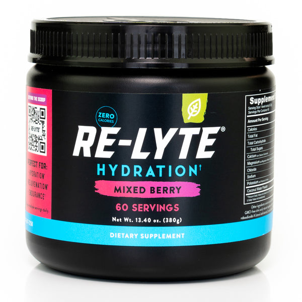 60 serving jar of Re-Lyte Hydration Mixed Berry electrolyte powder on white background.