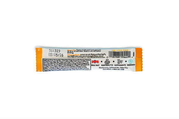 Redmond Re-Lyte Electrolyte Supplement Mix single-serving stick pack displaying nutritional information and ingredients.
