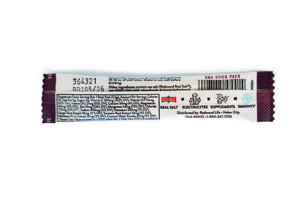 A single-serving stick pack of Real Salt Electrolytes supplement displays nutritional information and ingredients against a white background.