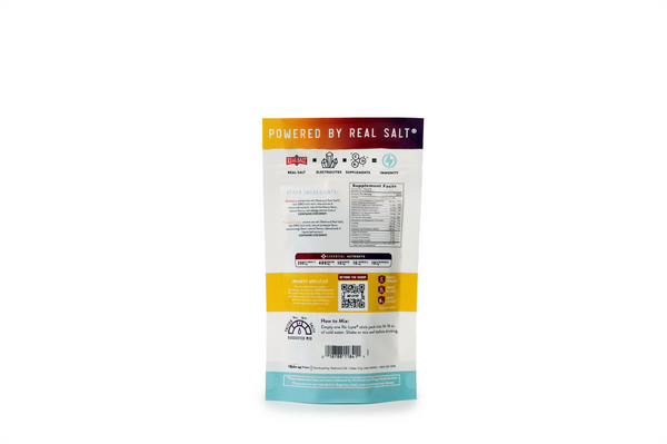 Redmond Real Salt Recharge Immunity blackberry pomegranate drink mix back nutrition label with essential electrolyte and immunity information.