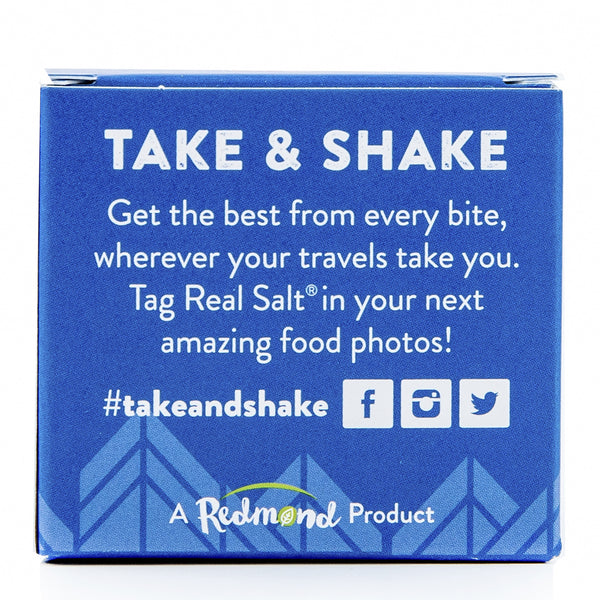 Blue Redmond Real Salt box encourages customers to "Take & Shake" and share photos of their food with the hashtag #takeandshake.