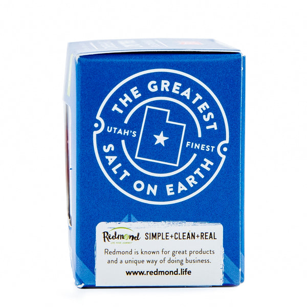Blue Redmond Real Salt box side panel proclaims "Utah's Finest Salt on Earth" with an outline of Utah.