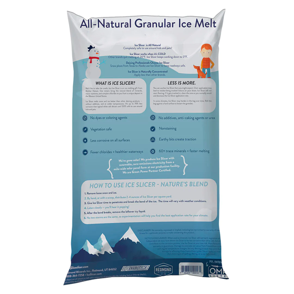 Bag of all-natural ice melt granules for sidewalks and driveways, showing product features and usage instructions.