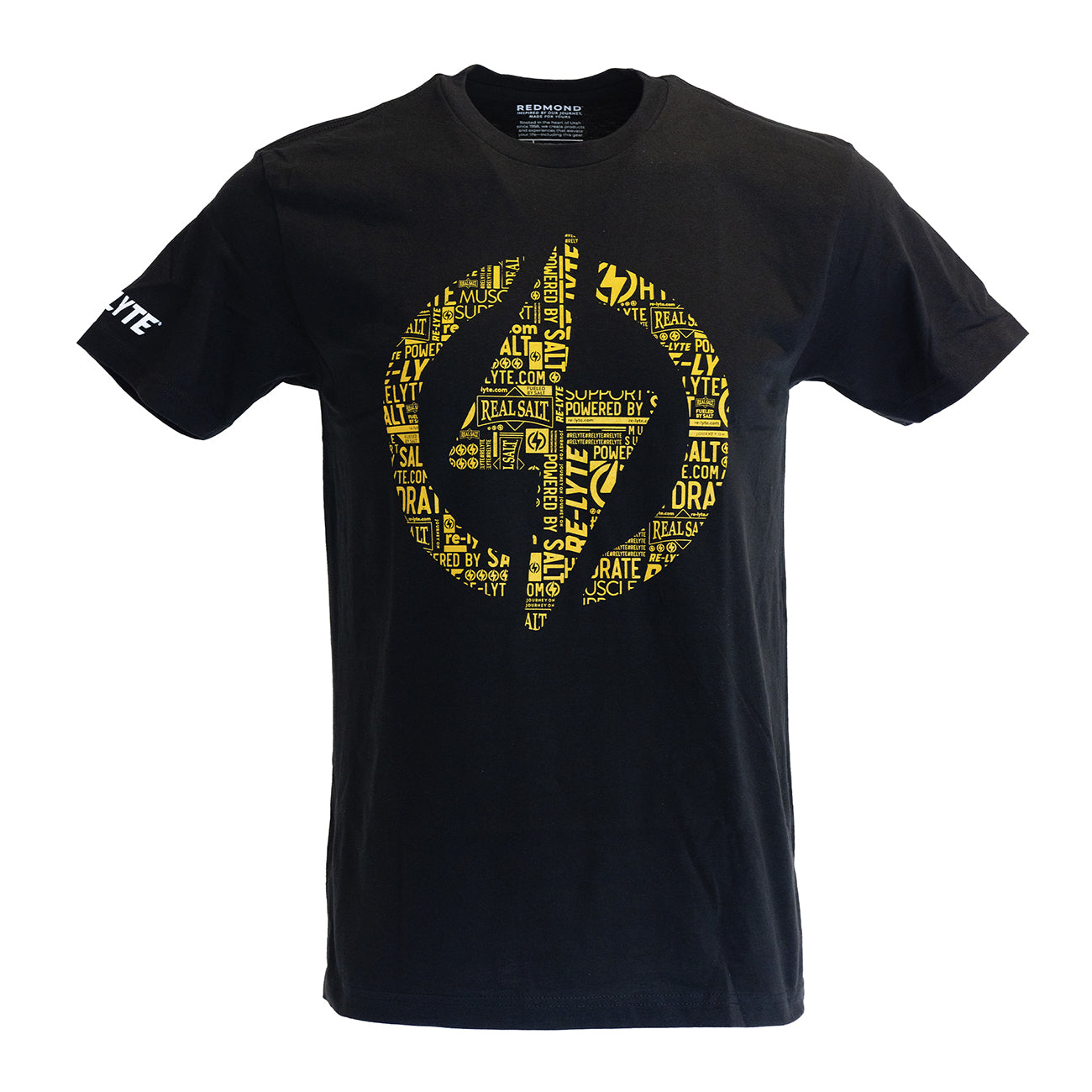 Black t-shirt featuring a bold, gold Re-Lyte electrolyte powder lightning bolt logo