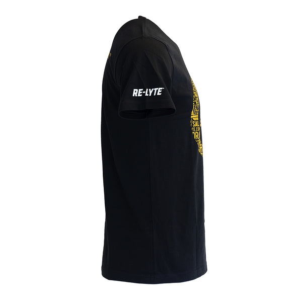 Side view of a black t-shirt with a gold re-lyte electrolyte powder logo on the front and the words powered by real salt on the back, as well as the words re-lyte in white on the right sleeve