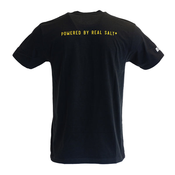 Rear view of a black t-shirt with a gold re-lyte electrolyte powder logo on the front and the words powered by real salt on the back, as well as the words re-lyte in white on the right sleeve