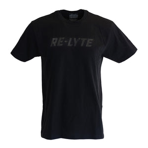 Black T-shirt displays bold "RE-LYTE" graphic across the chest. 
