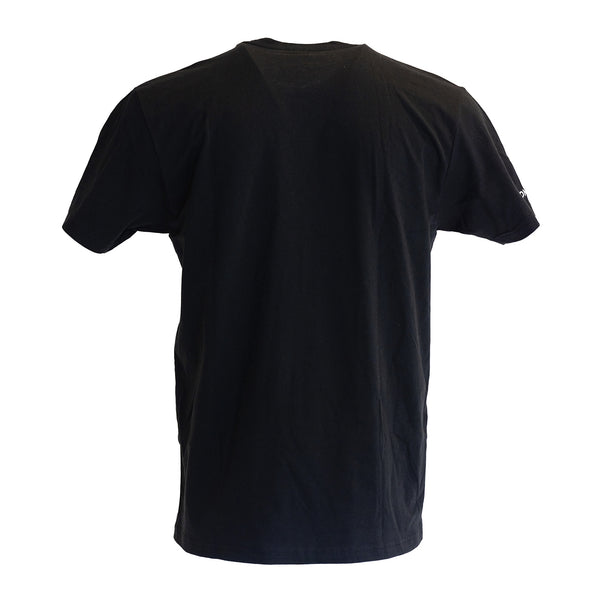 Rear view of the black Re-Lyte t-shirt on a white background.  The shirt is all black except the words re-lyte shown in dark gray on the front and small white font that reads redmond on the sleeve, above the hem.