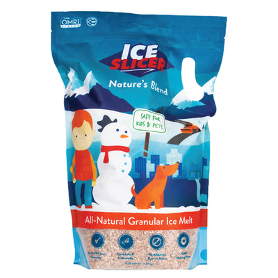 Blue bag of Ice Slicer Nature's Blend all-natural granular ice melt, showcasing its kid and pet-friendly formula. 
