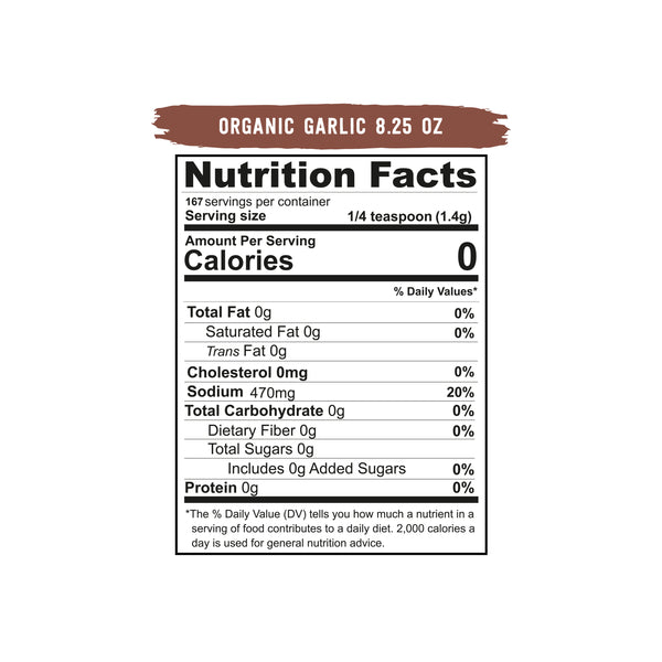 Nutrition Facts label for organic garlic, showing zero calories per serving. 
