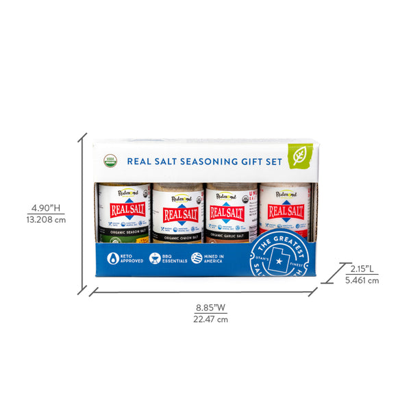 Real Salt Seasoning Gift Set displays four shakers of organic seasonings against a white background.