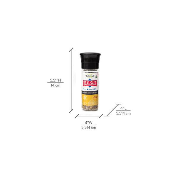 A grinder of Redmond Real Salt Organic Lemon Pepper stands against a white background, showcasing its dimensions. 
