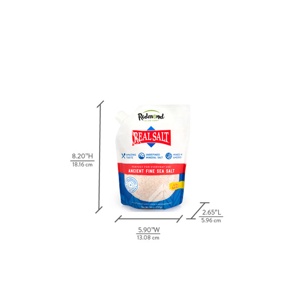 Redmond Real Salt Ancient Fine Sea Salt pouch stands against a white background, showcasing its size and branding.
