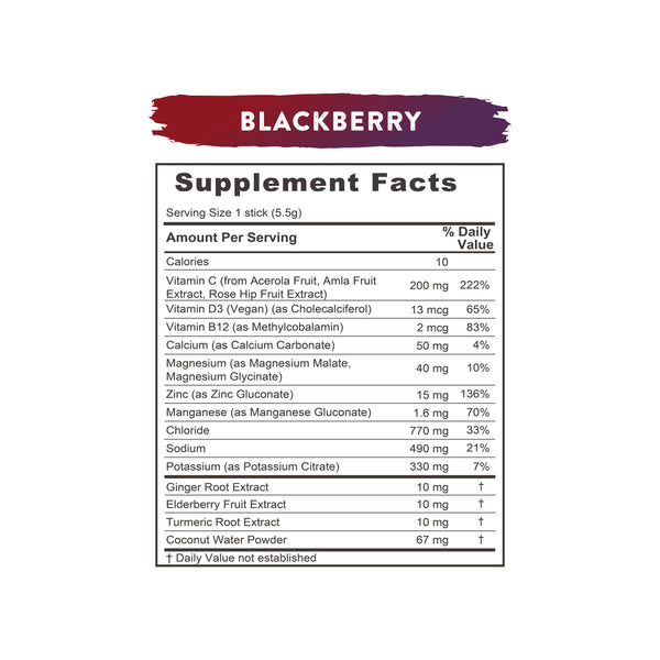 Blackberry Supplement Facts label lists vitamin and mineral content per serving. 
