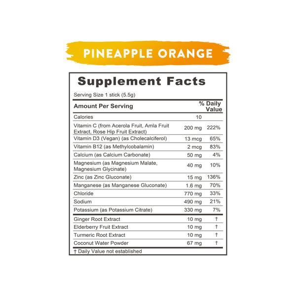 "Supplement Facts panel shows high Vitamin C content in Pineapple Orange flavor." 
