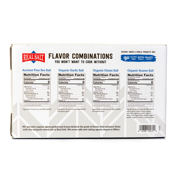 A Real Salt box displays the nutritional information for its four varieties: Ancient Fine Sea Salt, Organic Garlic Salt, Organic Onion Salt, and Organic Season Salt. 
