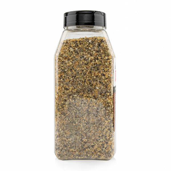 Clear plastic spice jar filled with Redmond Real Salt brand Organic Garlic Pepper.