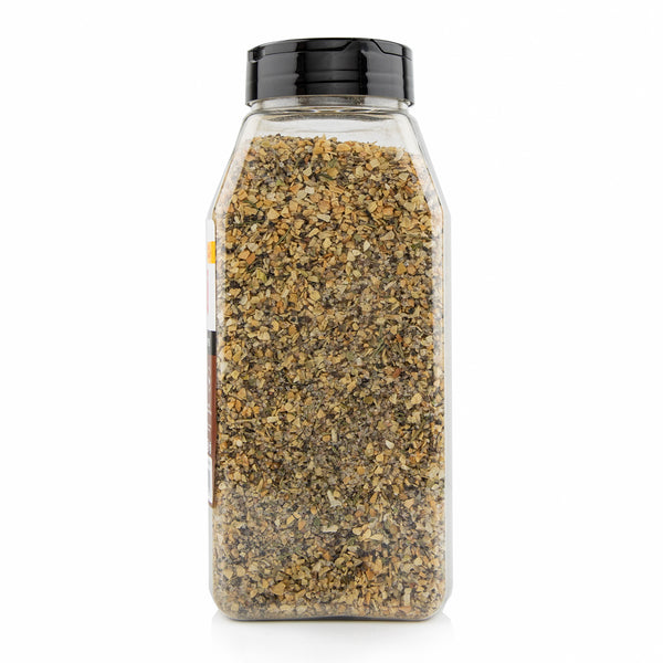 Clear plastic spice jar filled with Redmond Real Salt brand Organic Garlic Pepper.