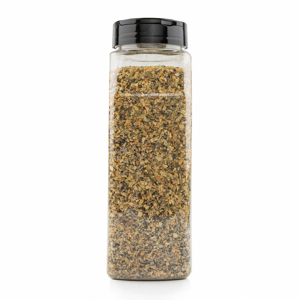 A clear plastic spice jar filled with Redmond Real Salt brand Organic Garlic Pepper.