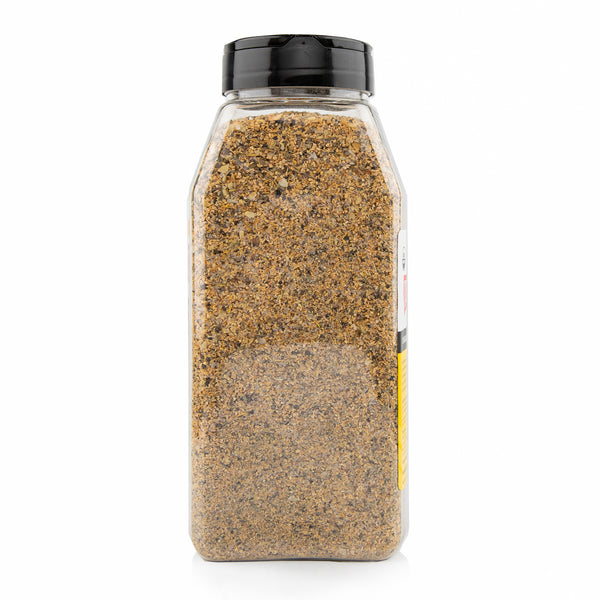 Clear plastic jar filled with Redmond's Real Salt Organic Lemon Pepper blend of spices and herbs.