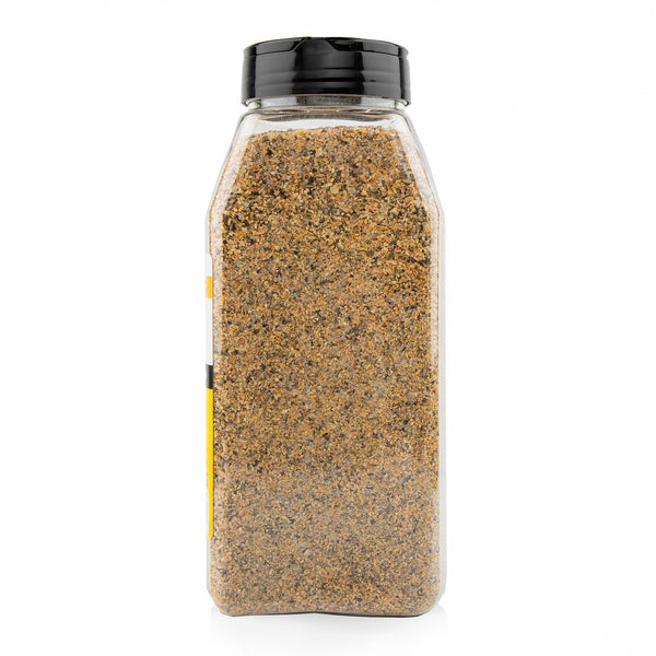Clear plastic spice jar filled with 26 ounces Redmond's Real Salt Organic Lemon Pepper.