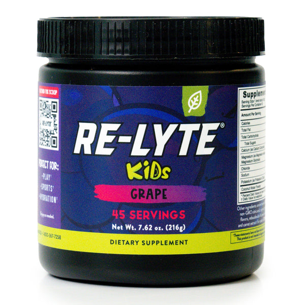 Black plastic jar of Re-Lyte Kids Grape dietary supplement. 
