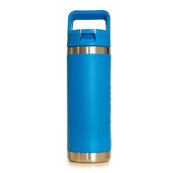 Our re-lyte branded, 12 ounce Yeti Rambler stainless steel water bottle with carrying handle and flip-top lid on a white background