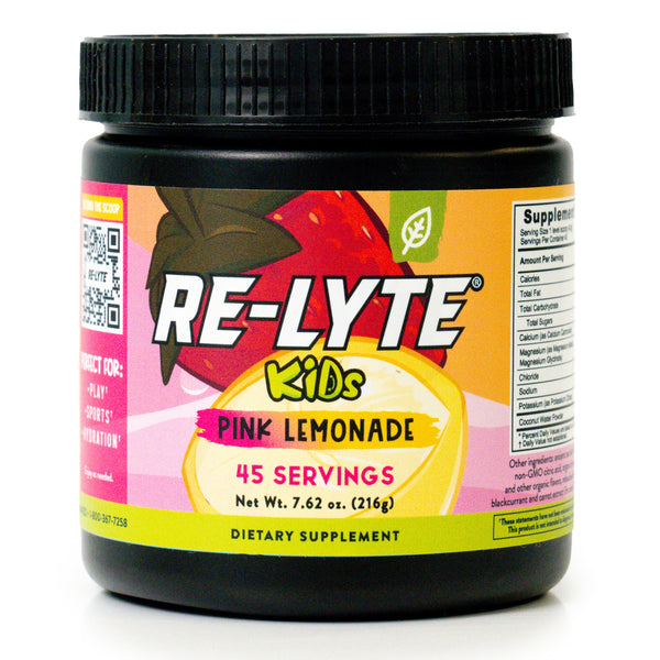 A front view of our re-lyte kids hydration, pink lemonade flavor, electrolyte powder on a white background