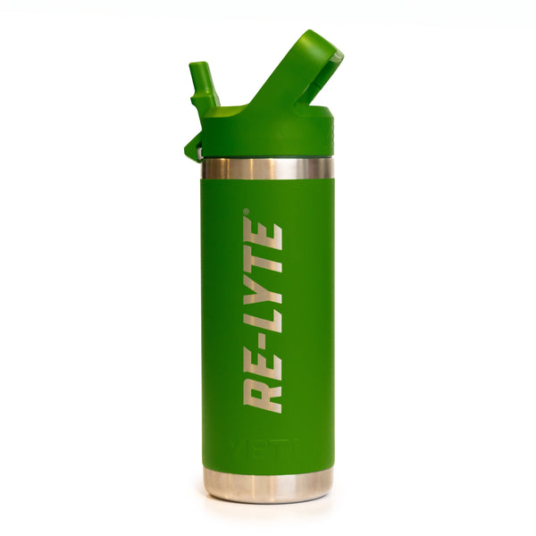 our re-lyte branded, 12 oz Green YETI water bottle on a white background.