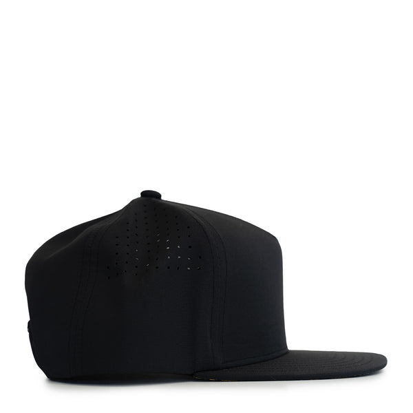 Black baseball cap with breathable, perforated fabric for a comfortable fit.