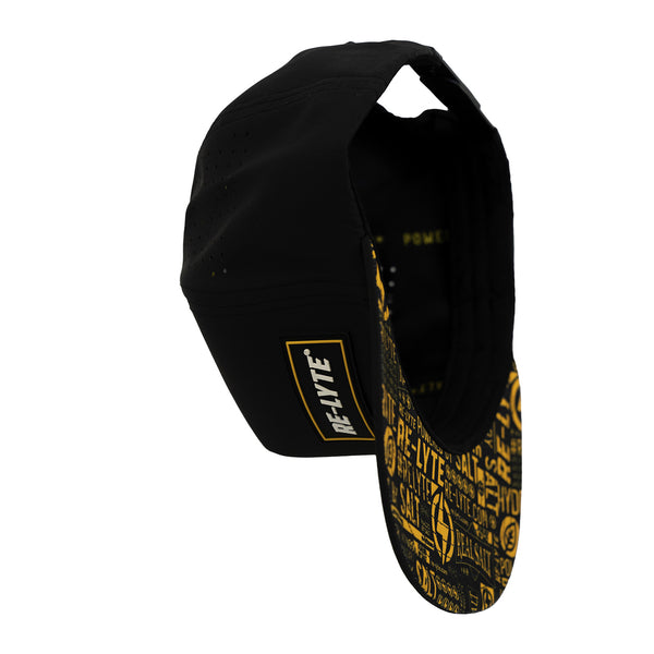 a side-vertical view of our black, re-lyte baseball cap