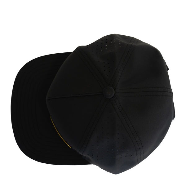 A top down view of our black, re-lyte baseball cap