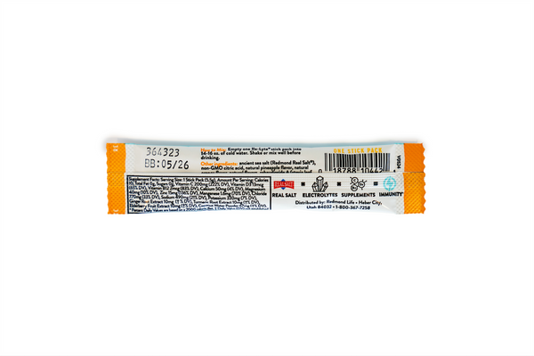 Redmond Re-Lyte Electrolyte Supplement Mix single-serving stick pack displaying nutritional information and ingredients. 
