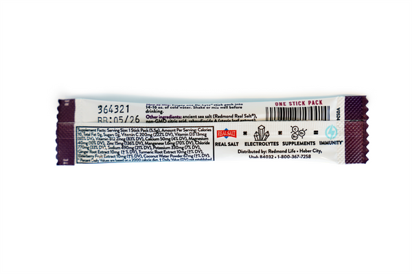 A single-serving stick pack of Real Salt Electrolytes supplement displays nutritional information and ingredients against a white background. 
