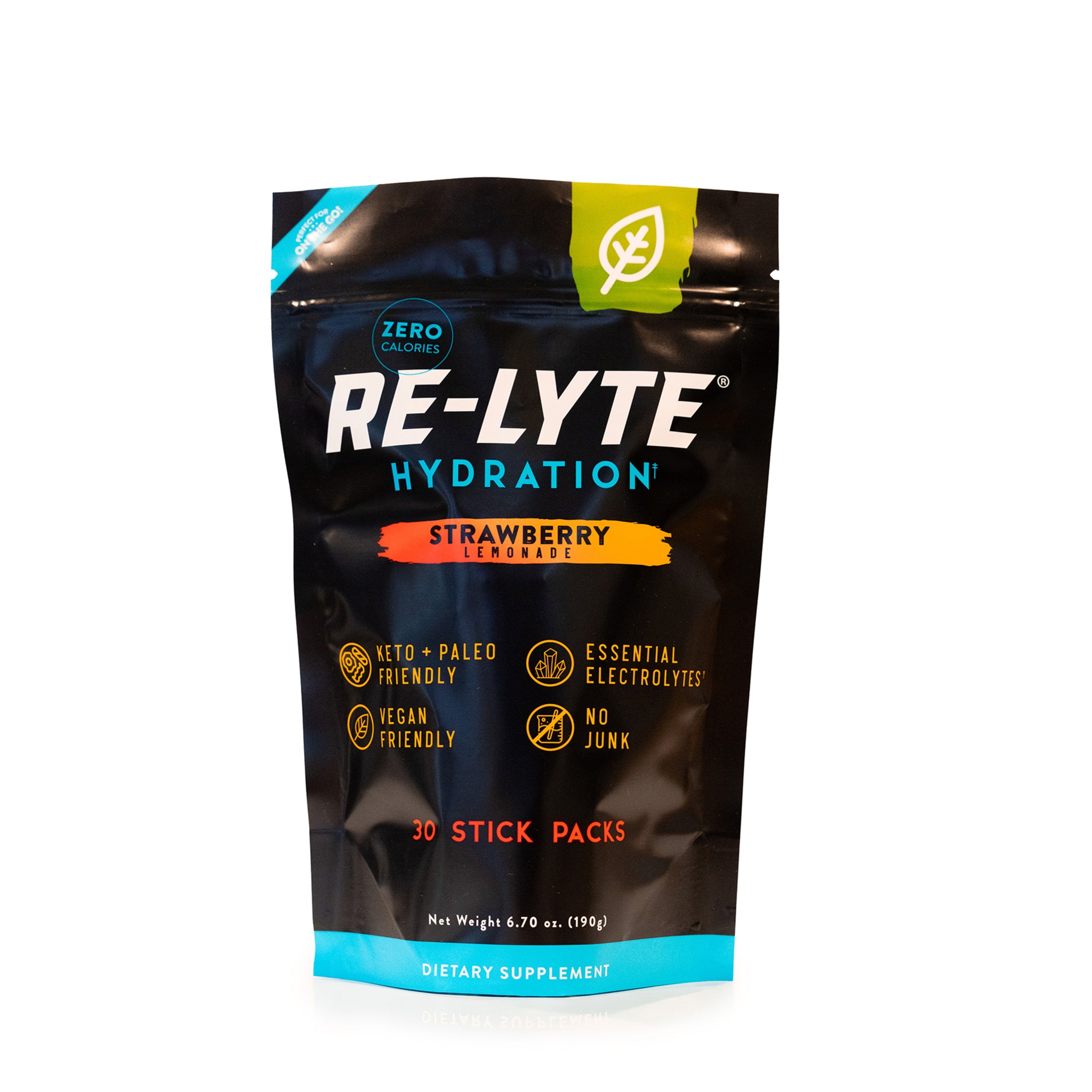 Strawberry Lemonade Re-Lyte Hydration 30 count stick packs electrolyte powder on white background. 