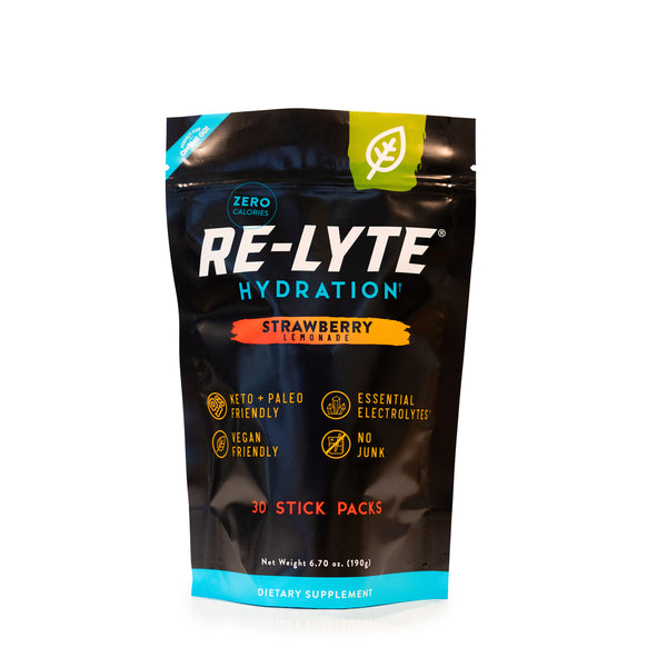 Strawberry Lemonade Re-Lyte Hydration 30 count stick packs electrolyte powder on white background. 