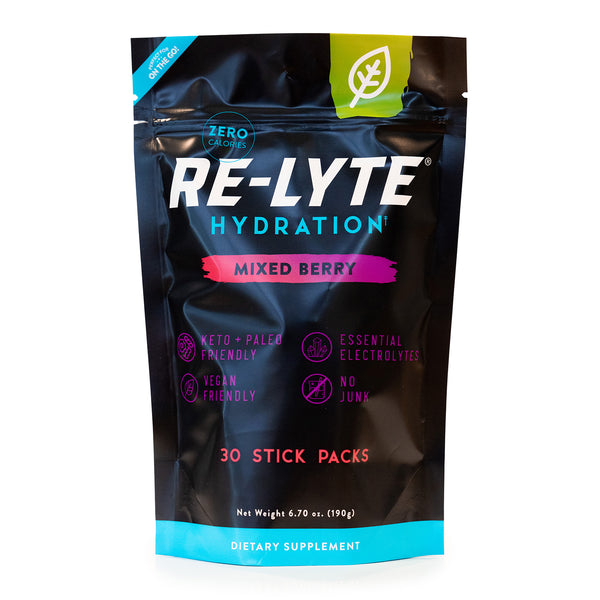 Mixed Berry Re-Lyte Hydration 30 count stick packs on white background.